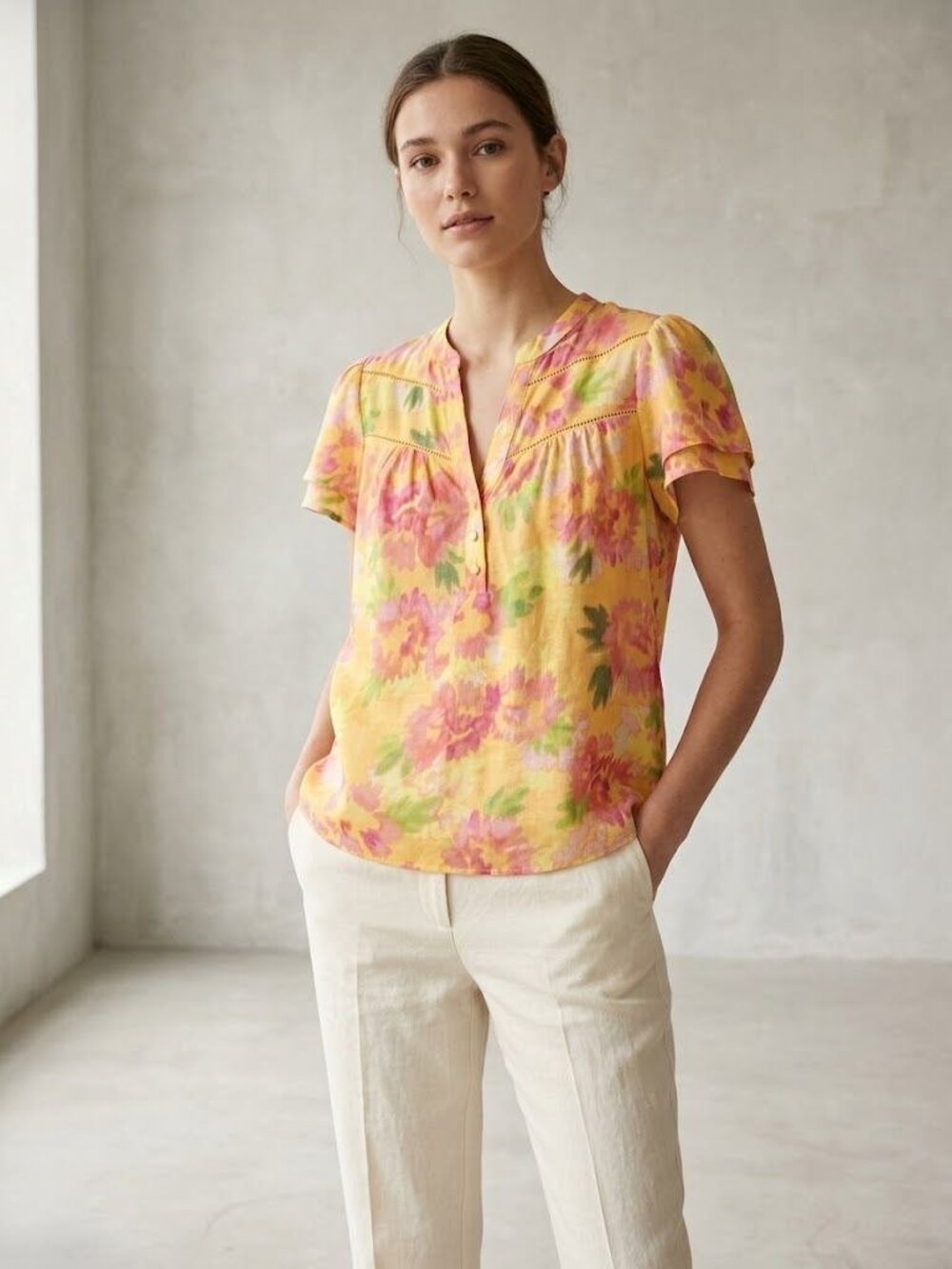 Nanette Lepore Womens L Yellow Pink Floral Blouse Flutter Sleeve Boho Button Top
